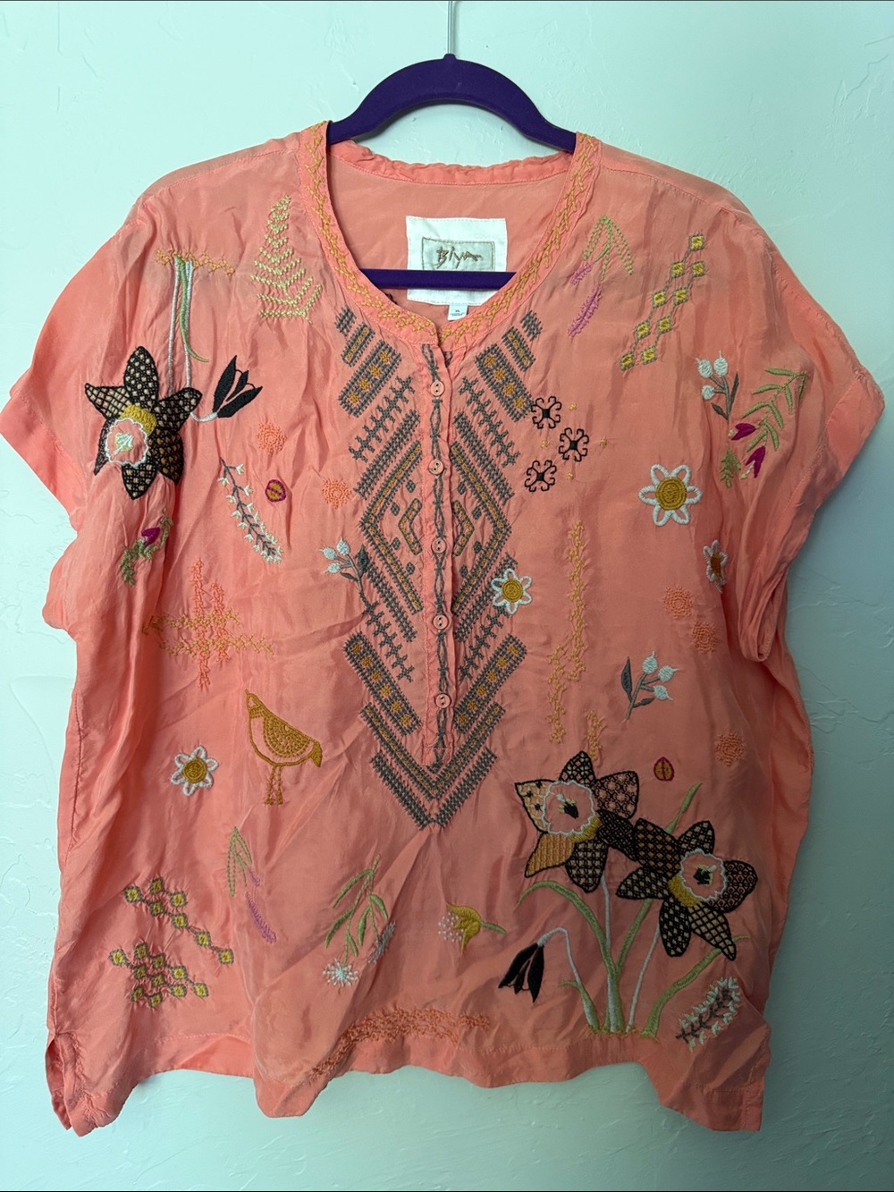 Johnny Was Coral Embroidered Button-Front Boho Blouse